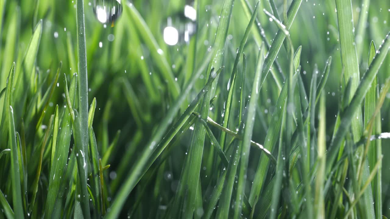 hierba verde de primer plano gotas de lluvia cayendo lentamente sobre la hierba. disparado en cámara súper lenta