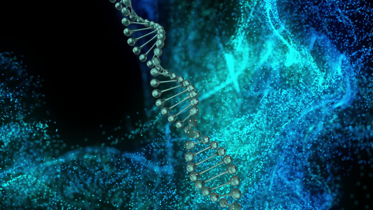 animación de cadena de adn y malla brillante con red de conexiones