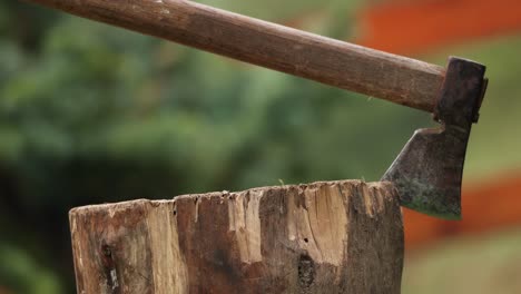 hacha en la madera utilizada como leña en el patio trasero