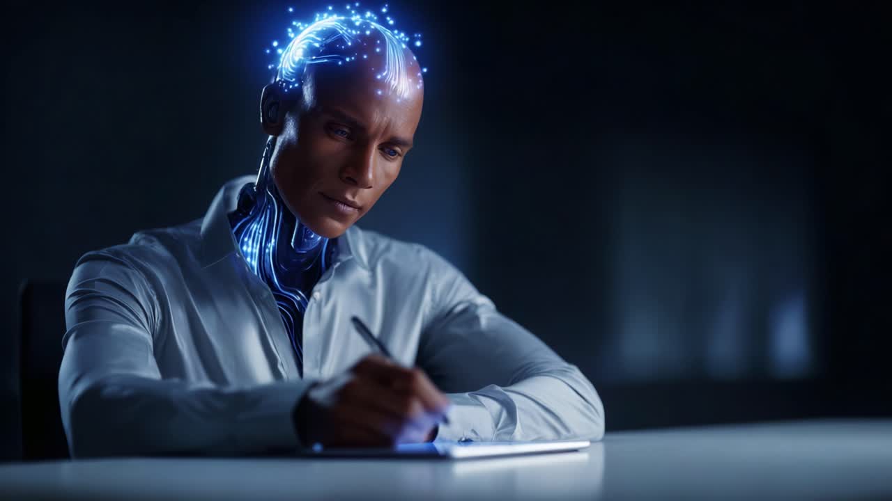 En futuristisk, humanoid robot med glødende neurale kredsløb skriver eftertænksomt i et svagt oplyst miljø og udforsker krydsfeltet mellem teknologi og kreativitet