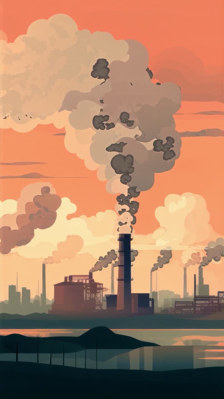 Aerial view of industrial landscape with smokestacks emitting smoke, set against an orange sky