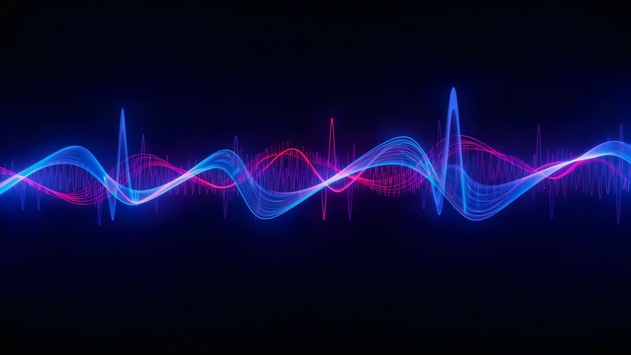 Starting layered neon blue ribbons shifting right on black, pink sine and spikes building energy