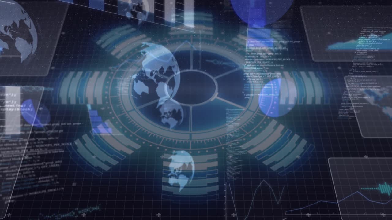 블랙 배경에 움직이는 글로브와 정보와 함께 반 ⁇ 이는 인터페이스의 애니메이션