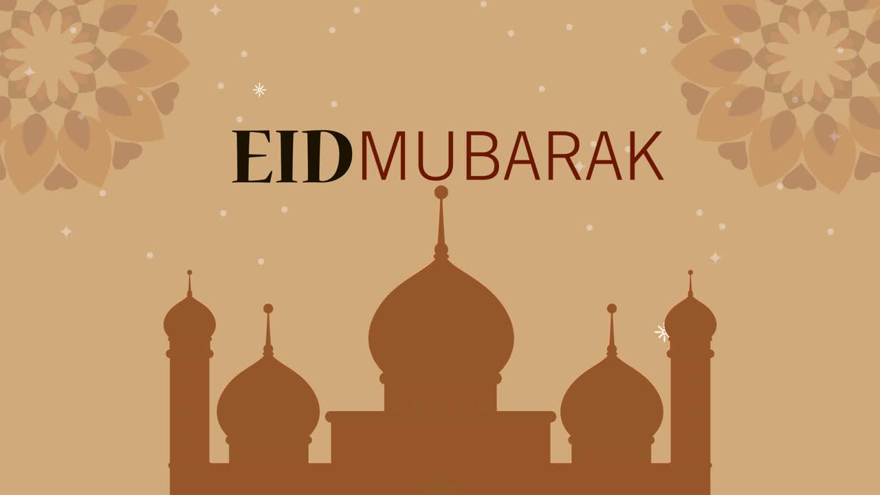 letras de eid mubarak con mezquitas y mandalas