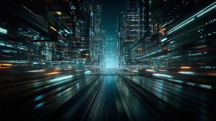 Dynamic Movement Through a Futuristic Cityscape: A Mesmerizing Visual Journey Accelerating Along Neon-Lit Pathways Amidst Towering Glass Structures