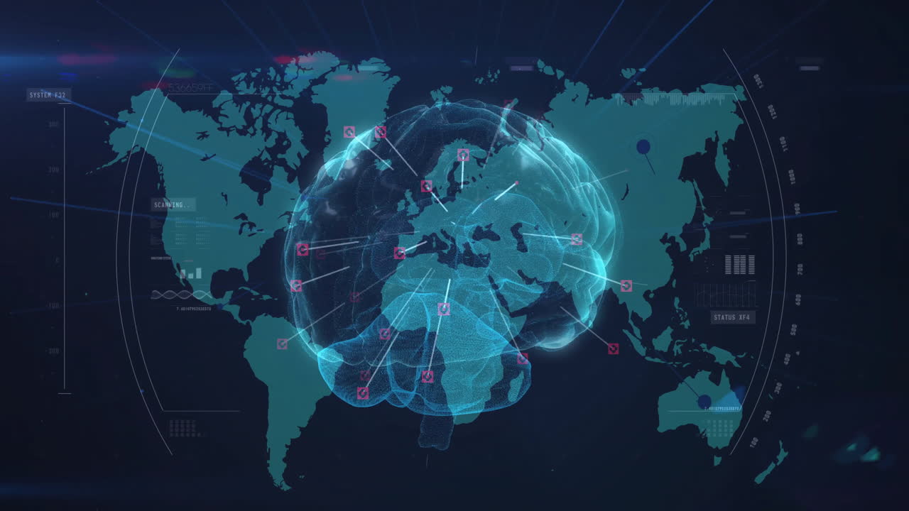 검은색 배경에 세계 지도와 함께 스 스캔을 통해 디지털 뇌의 애니메이션