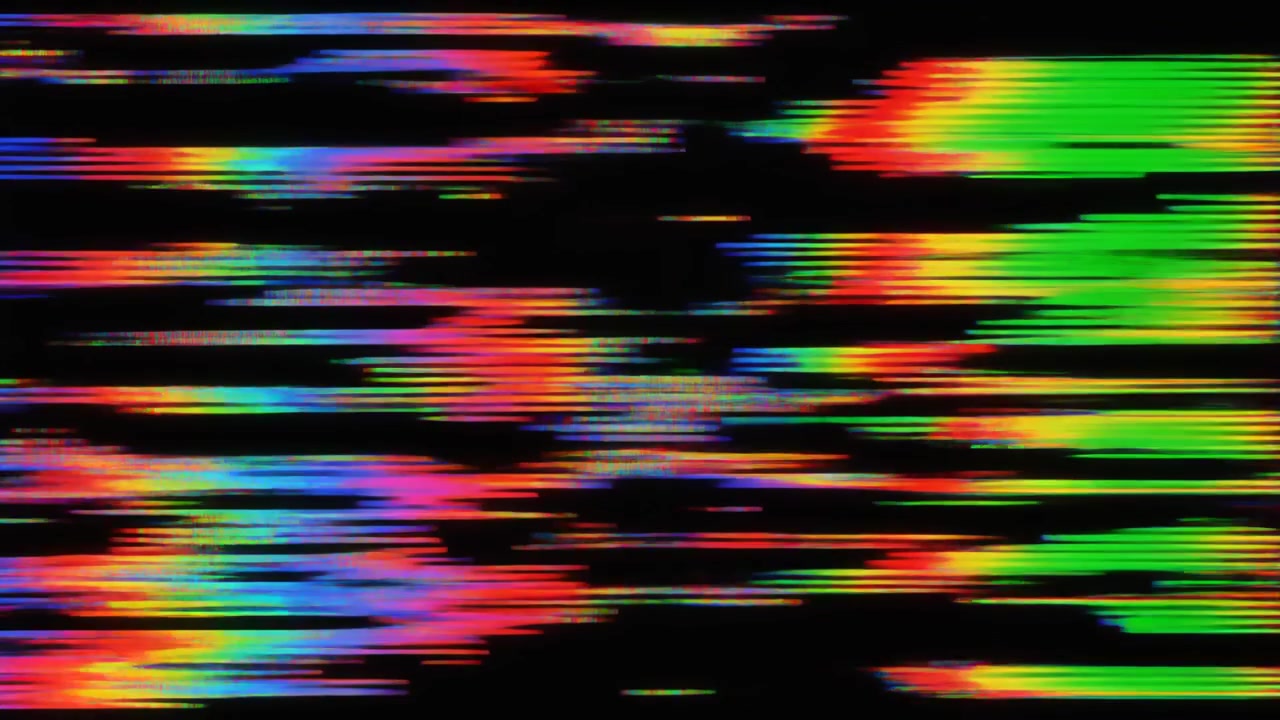 Digital Glitch Effect with Colorful Horizontal Lines on Black Background