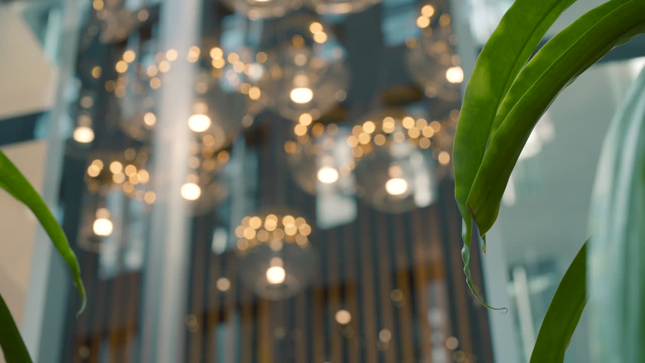 interior del vestíbulo moderno con candelabro y plantas