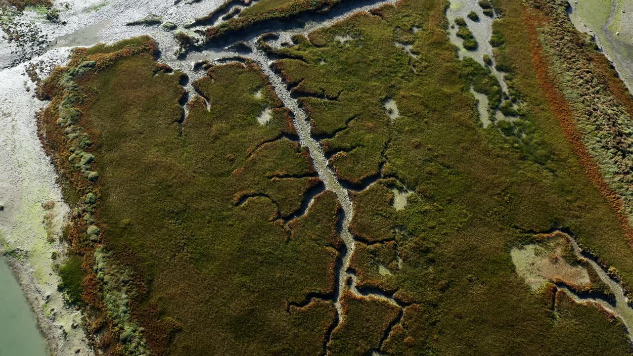 Aerial view of Salt Marshes with geometrics forms at The Natural Reserve Of Lilleau Des Niges On The Ile De R&eacute; Island