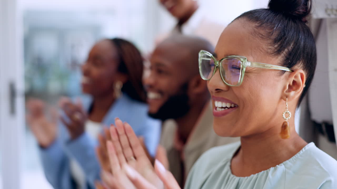 Business people, success or clapping in office