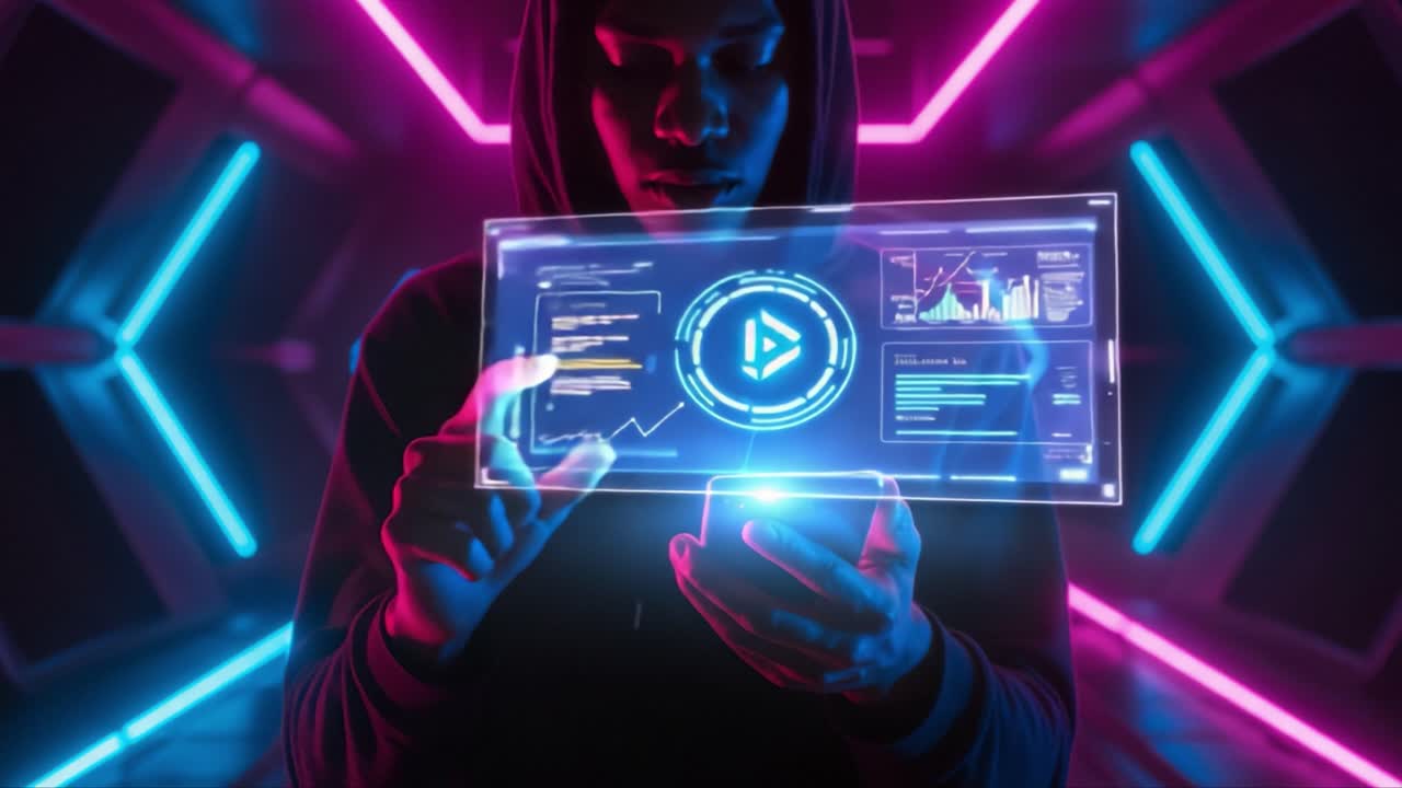A futuristic scene featuring a person engaged with a holographic display, showcasing data analytics and interactive visuals within a vibrant, neon-lit environment