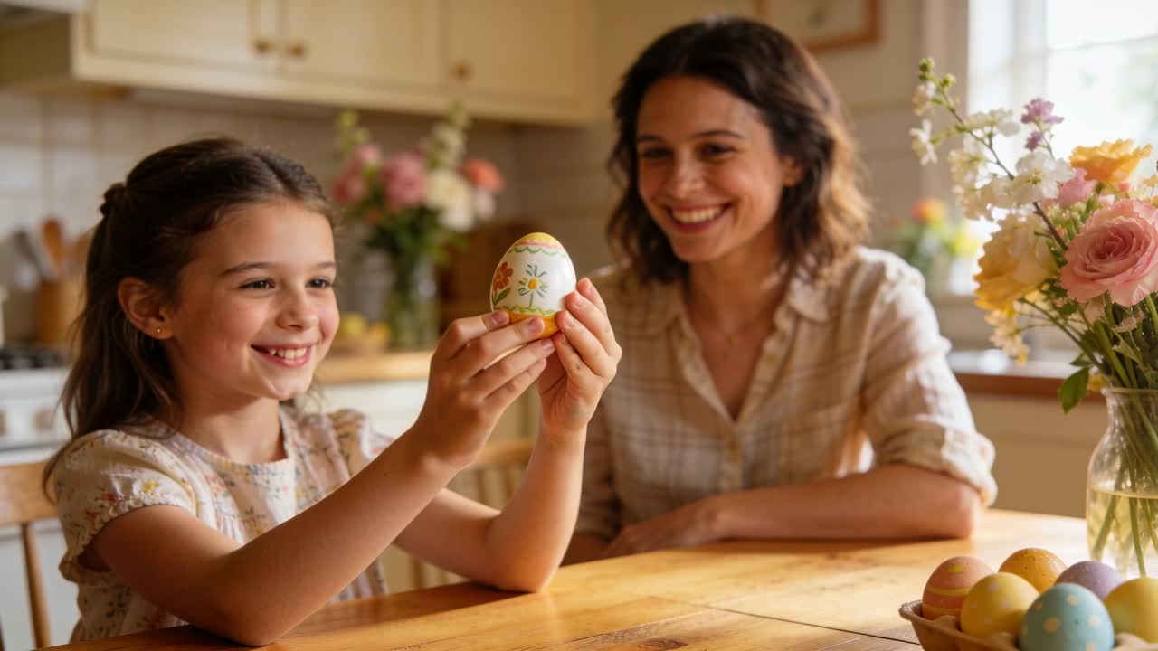 Holding painted egg, girl in patterned dress turning egg to mother at kitchen table, seeking praise
