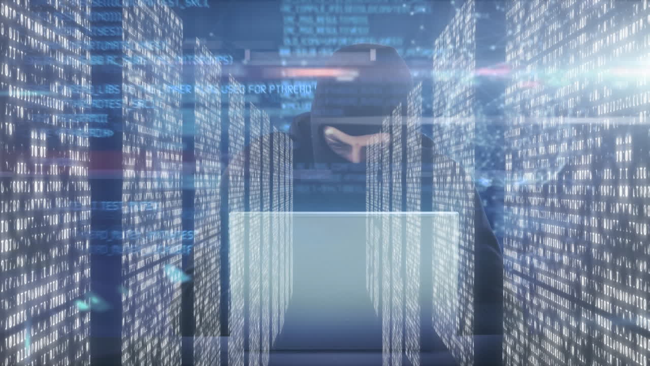 animación de un hombre con una máscara pirateando computadoras