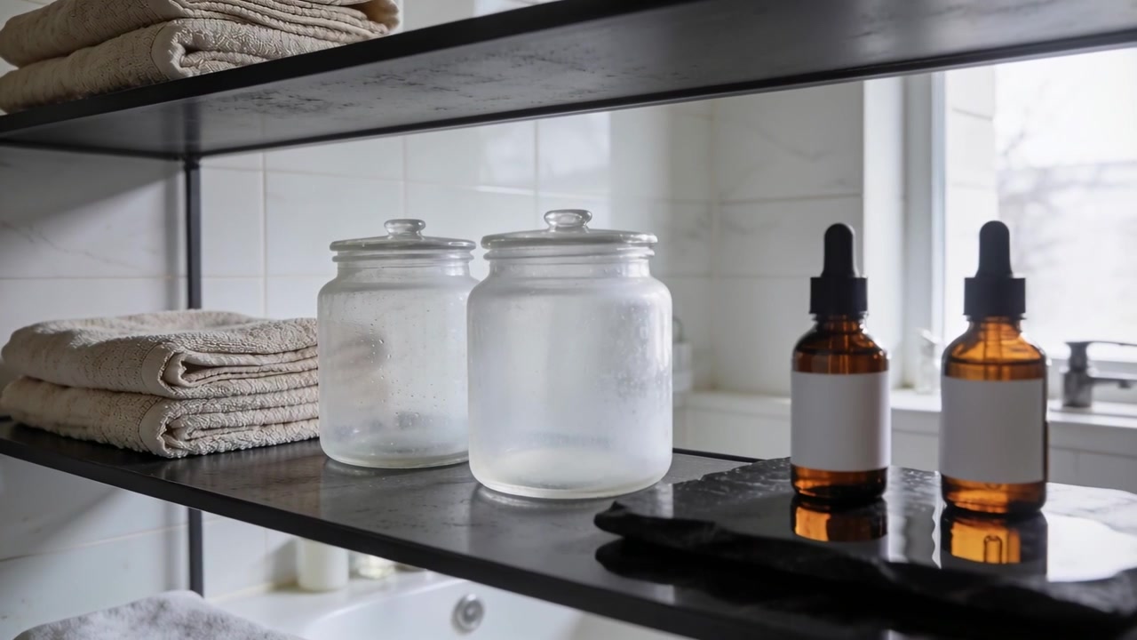 Tightening camera framing bringing two amber dropper bottles onto bathroom shelf