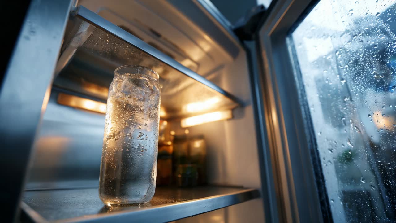 A Refreshing Jar of Water Inside a Refrigerator, Captured in Two Stunning Frames Showcasing the Clear Jar and Water Condensation Against the Cool Metal and Glass of the Appliance