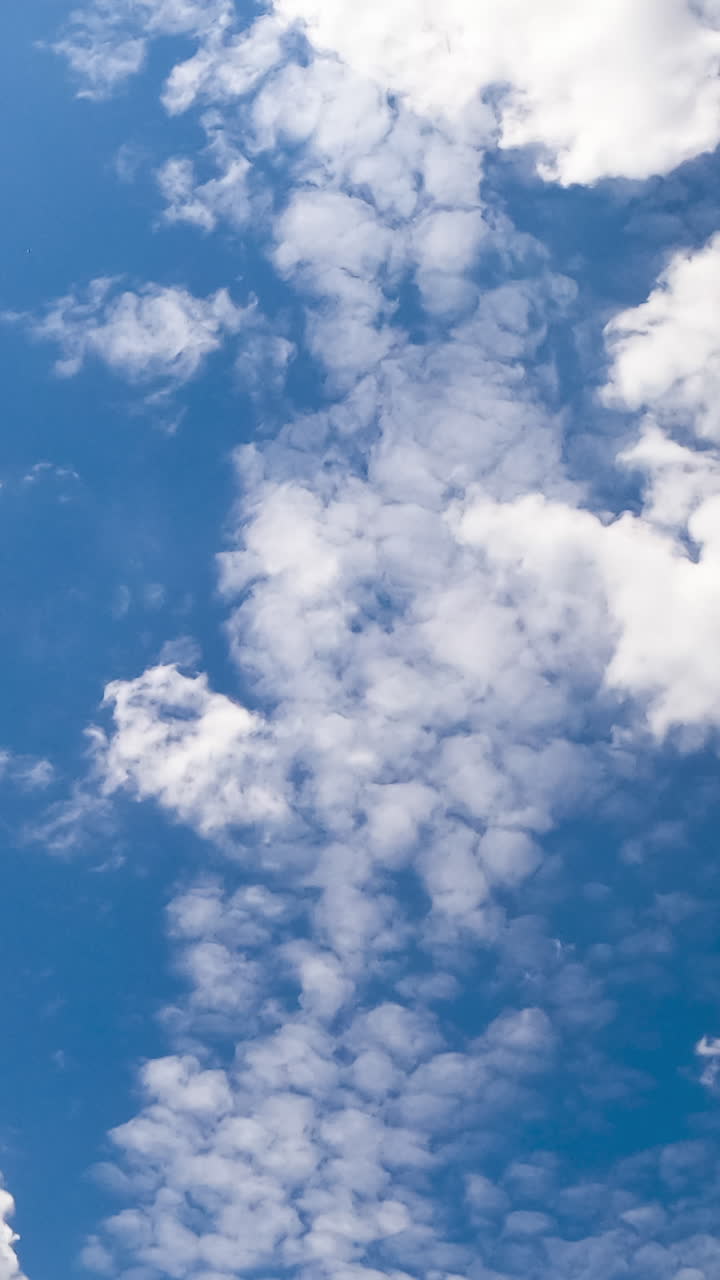 Light airy soft clouds in the beautiful azure sky. Cloudscape moved by the wind in the atmosphere. Low angle view timelapse. Vertical video