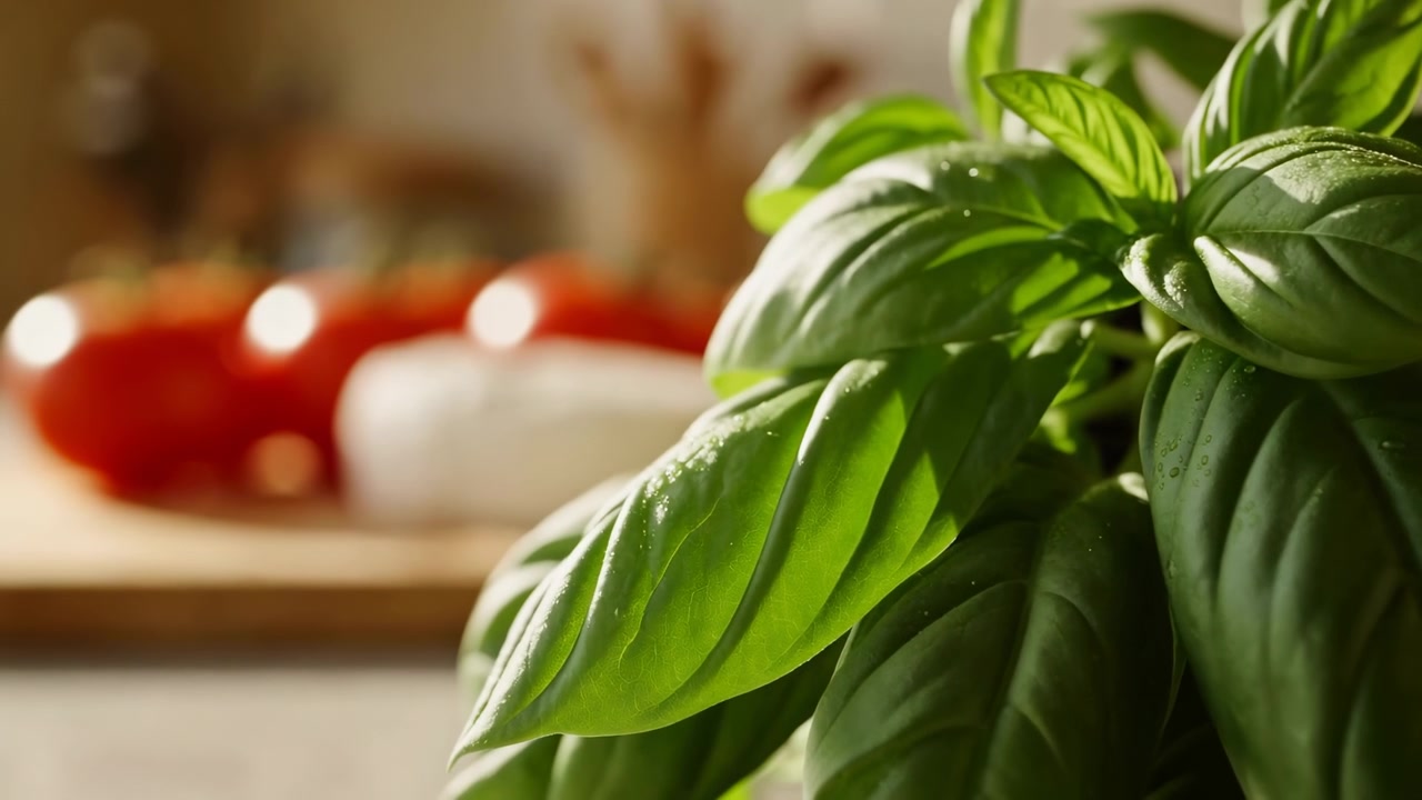 Vista ravvicinata di vibrante fogliame di basilico che si muove attraverso l'inquadratura con uno sfondo di cucina delicatamente illuminato, mostrando foglie fresche, pomodori rossi e ingredienti alimentari bianchi disposti su una superficie di legno.