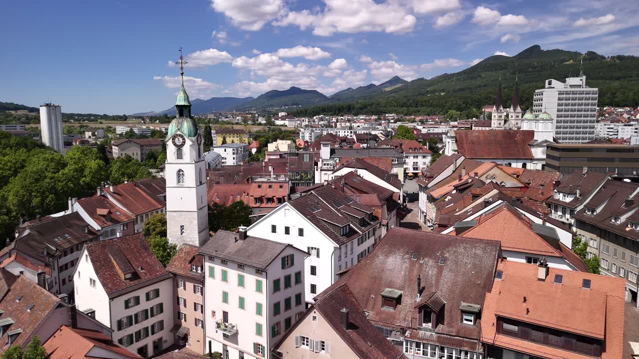 Olten old town Solothurn canton Swiss city Switzerland aerial drone Europe