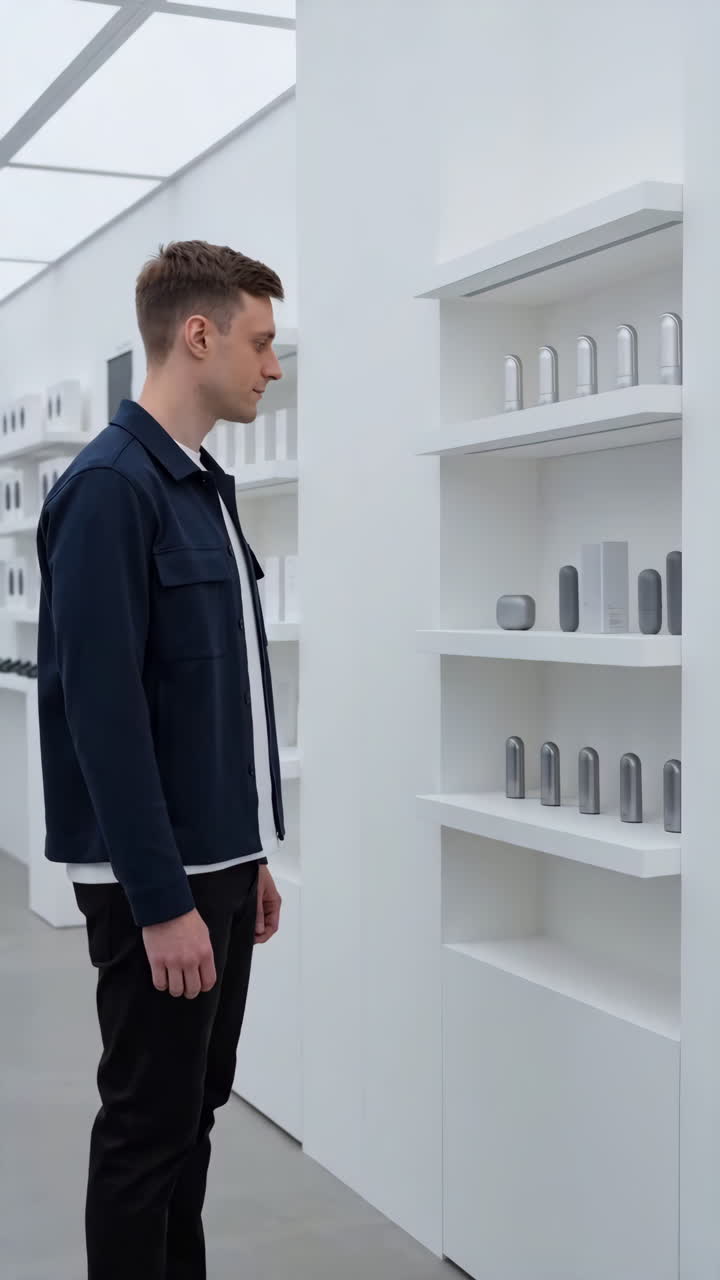 Uomo in uno showroom tecnologico minimalista che esamina scaffali bianchi pieni di dispositivi eleganti, illuminazione neutra.