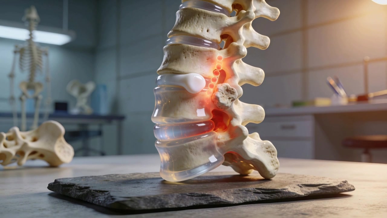 Showing lumbar spine model, glow causing pulsing disc bulge on slate in lab, indicating nerve pain