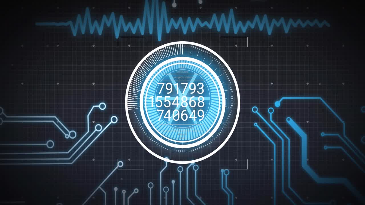 Animation of abstract pattern in circles, multiple numbers over soundwave and circuit board pattern