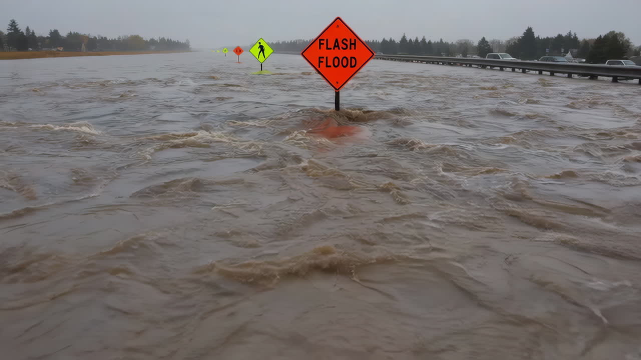 Flash Flood Warning Signs on a Flooded Road