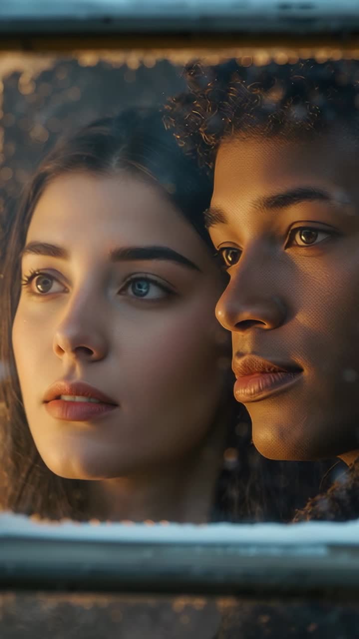 Vertical video: Sunlight casting on couple leaning and whispering by frosted window rail, to talk