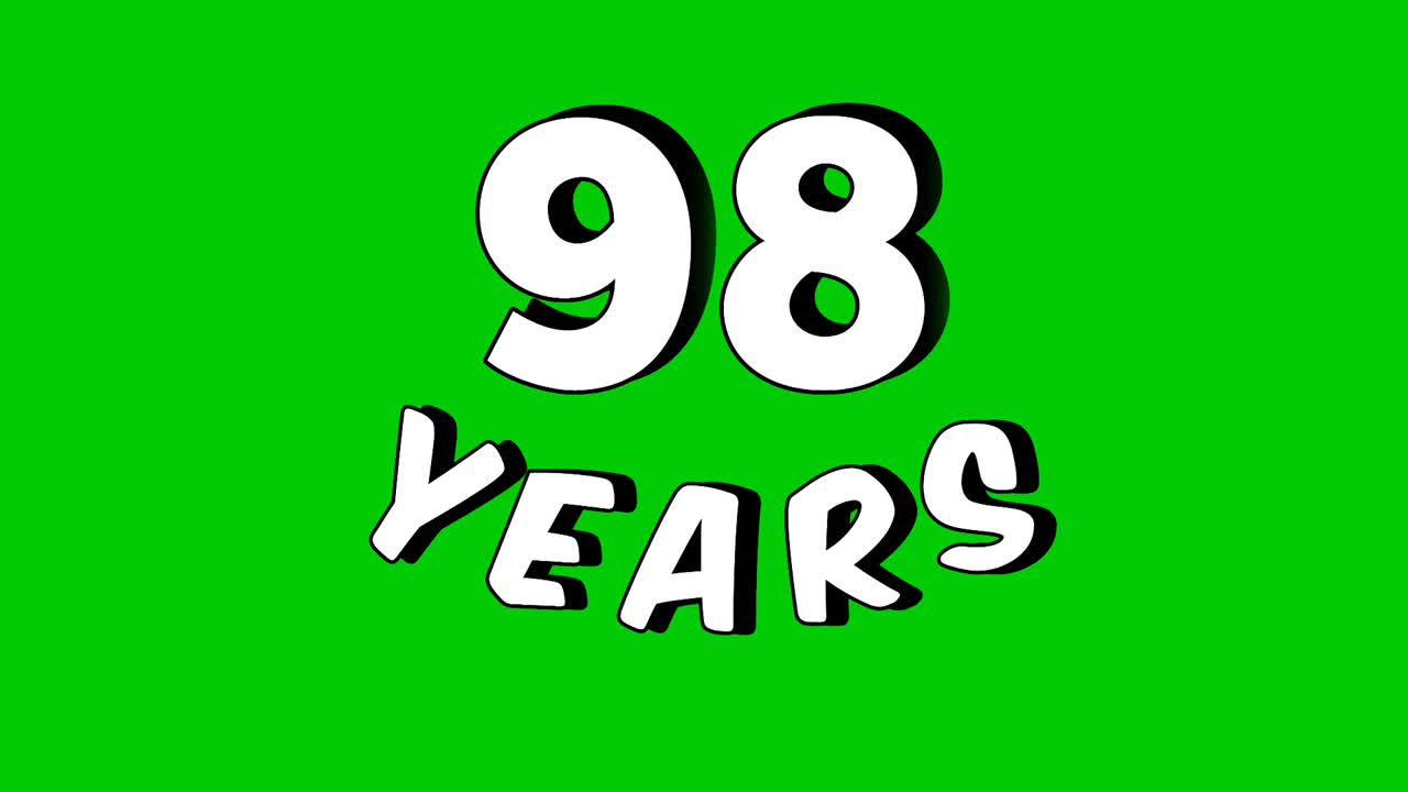 Filmato animato del numero "98 anni" con sfondo green screen. Il numero è presentato in uno stile moderno e dinamico, perfetto per l'editing di video di compleanno, elemento video per anniversari.
