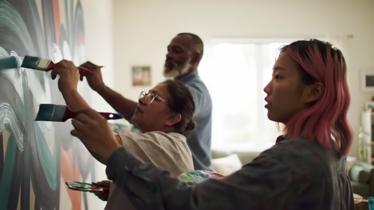 Three artists engage in painting a vibrant mural on a large wall in a well-lit studio. Their focus and teamwork showcase the joy of creative expression.