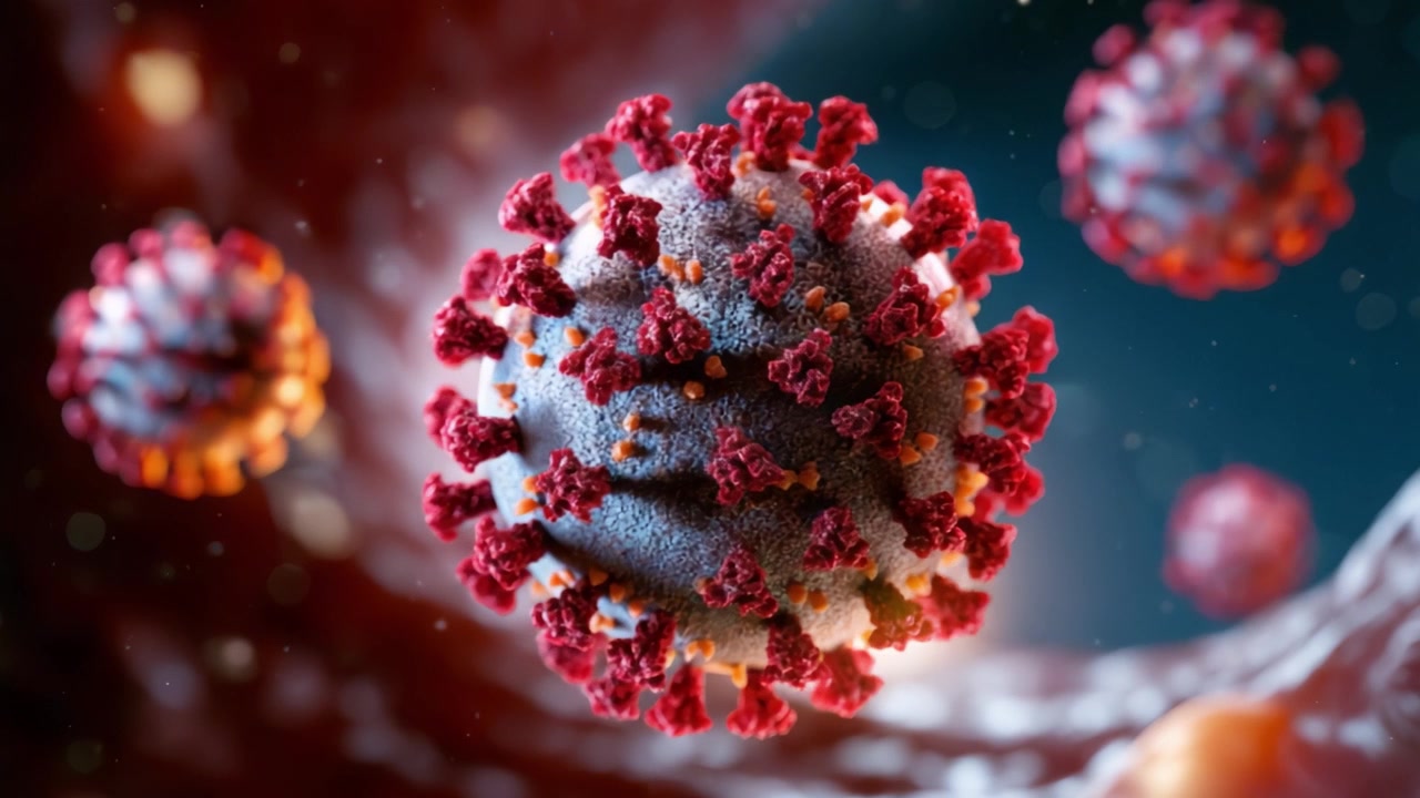 Visualizzazione ravvicinata di un virus con distinte strutture proteiche superficiali e dettagli molecolari colorati, evidenziandone la complessità e le intricatezze in dettaglio microscopico.