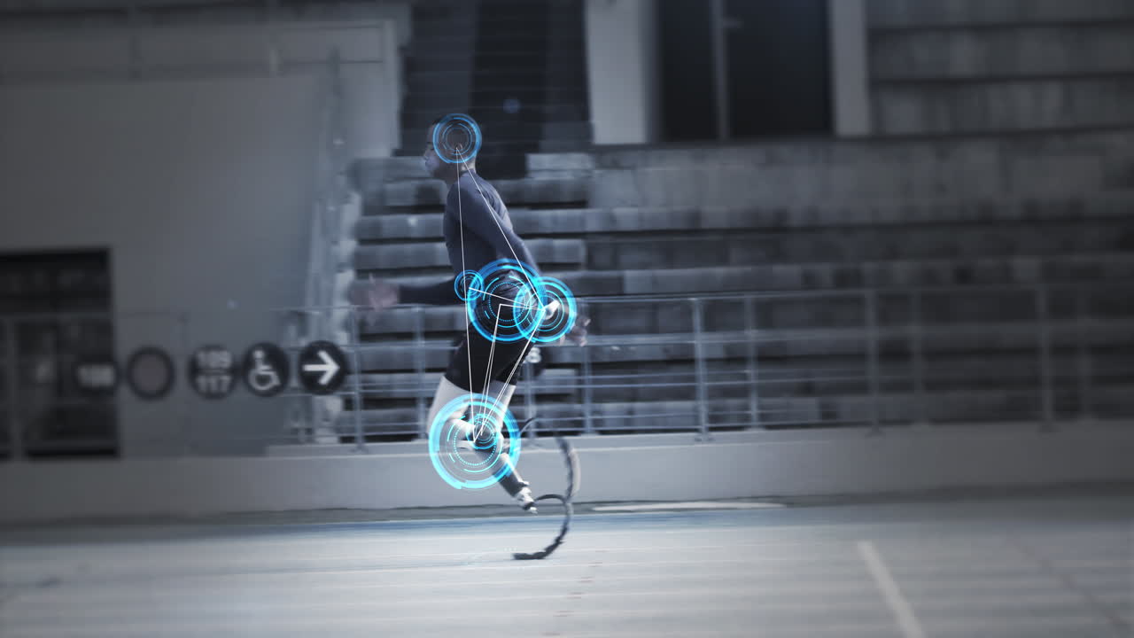 스포츠 스타디움에서 운동하는 인공 다리를 가진 남성 장애인 선수의 애니메이션