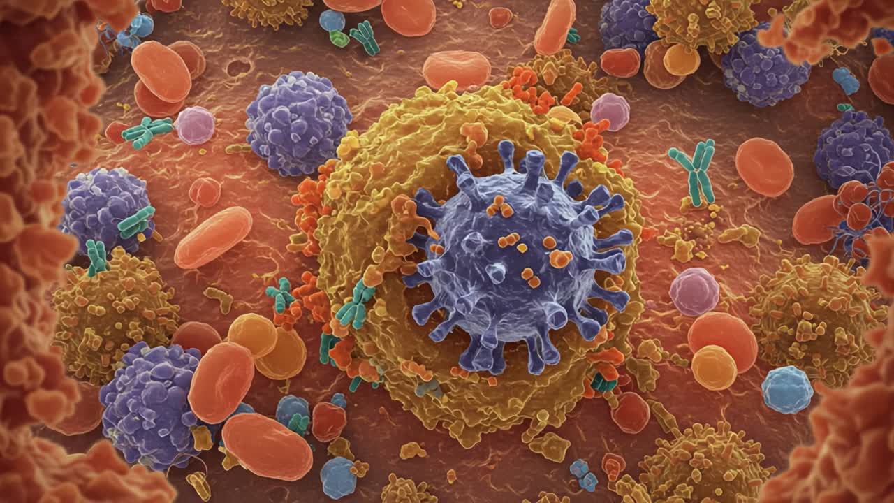 MicroscopicVisualizationOfCellularActivityFeaturingVirusInteractionsAndImmuneResponsesWithinHumanCells