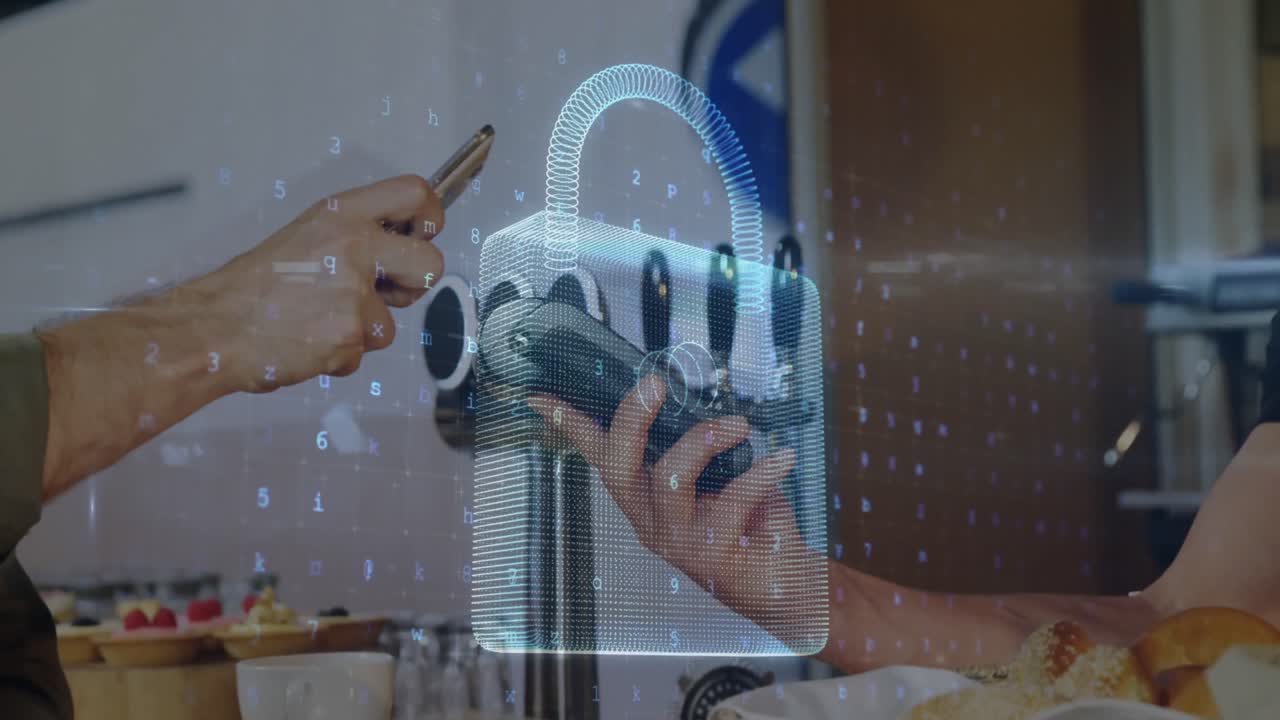 animación del candado de seguridad de la red sobre las personas que utilizan el terminal de pago