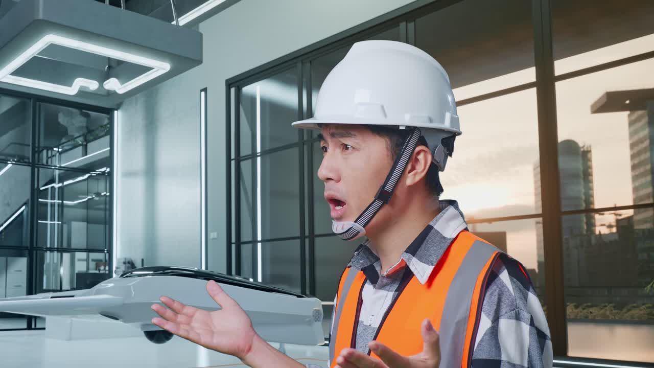 안더링의 가까운 측면 뷰 안전 헬을 입은 아시아 남성 엔지니어가 드론 프로젝트에서 의심스럽게 일하는 이유를 말합니다.