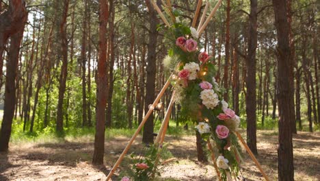 bohemian tipi arch made of wooden rods decorated with pink roses, candles on carpet, pampass grass, wrapped in fairy lights on outdoor wedding ceremony venue in pine forest. floristic compositions