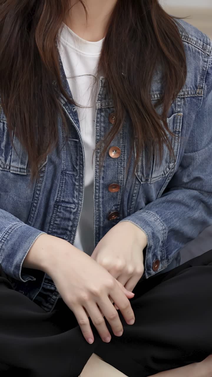 Una giovane donna si siede a gambe incrociate su un divano, assumendo una posa di meditazione serena.