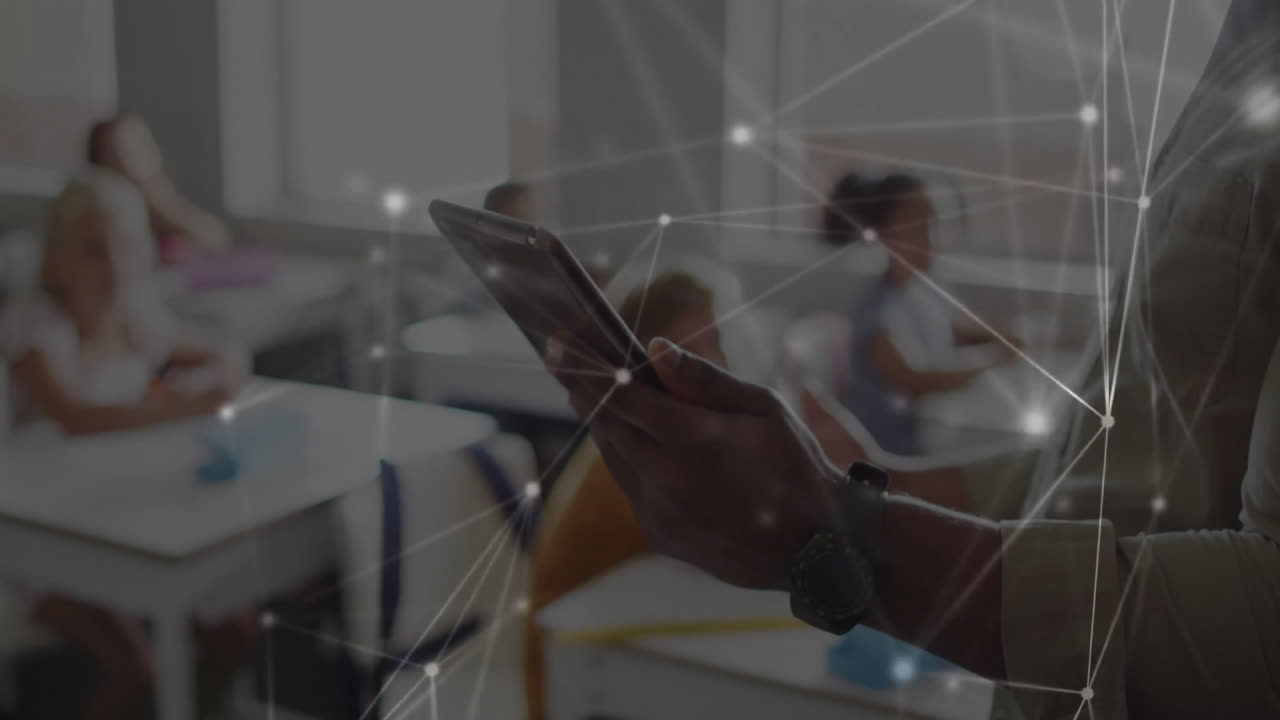 animación de una red de conexiones entre diversos escolares con una maestra que utiliza una tableta