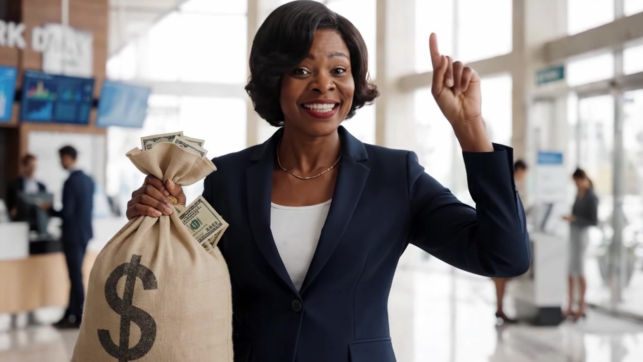 A Confident Woman Holds a Money Bag in a Modern Financial Institution, Displaying Her Excitement and Success as She Engages with the Banking Environment