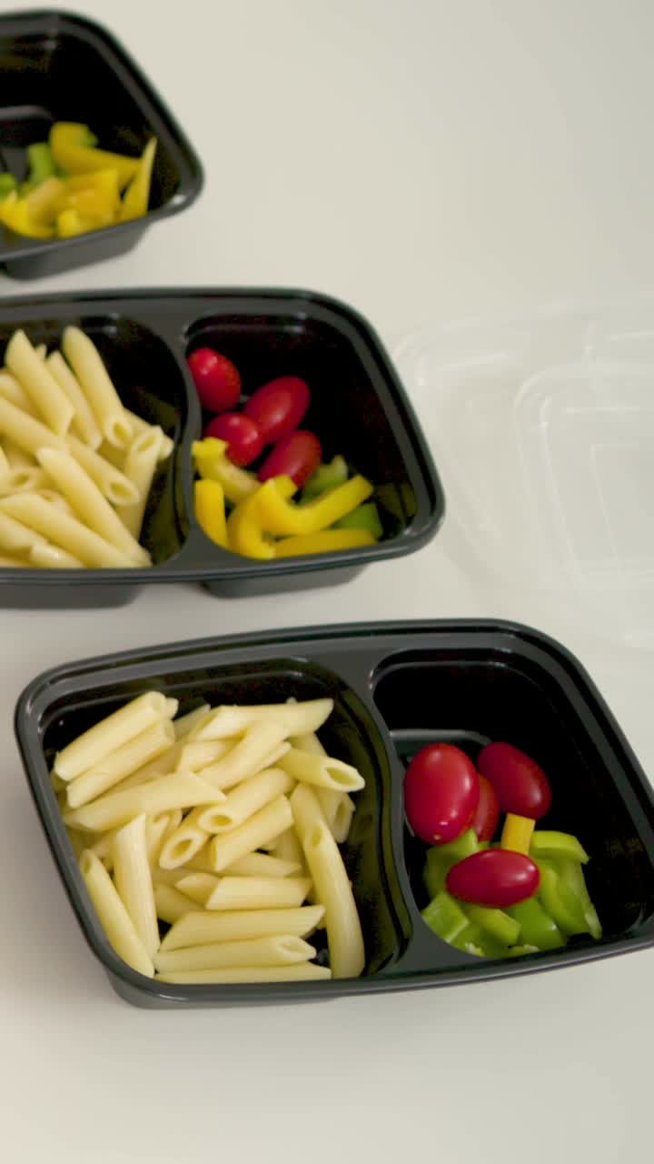 Mano che appare e si protende mentre un cuoco casalingo prepara contenitori per il meal prep, riempiendo gli scomparti.