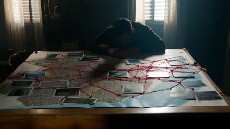 a person intently working on an investigation board with a map and connected red strings