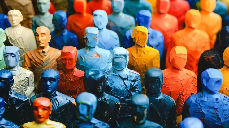 Un grande gruppo di persone di plastica colorate in piedi tra la folla