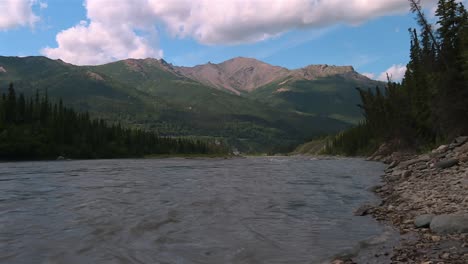 river cutting through valley with forested slopes in denali national park, alaska