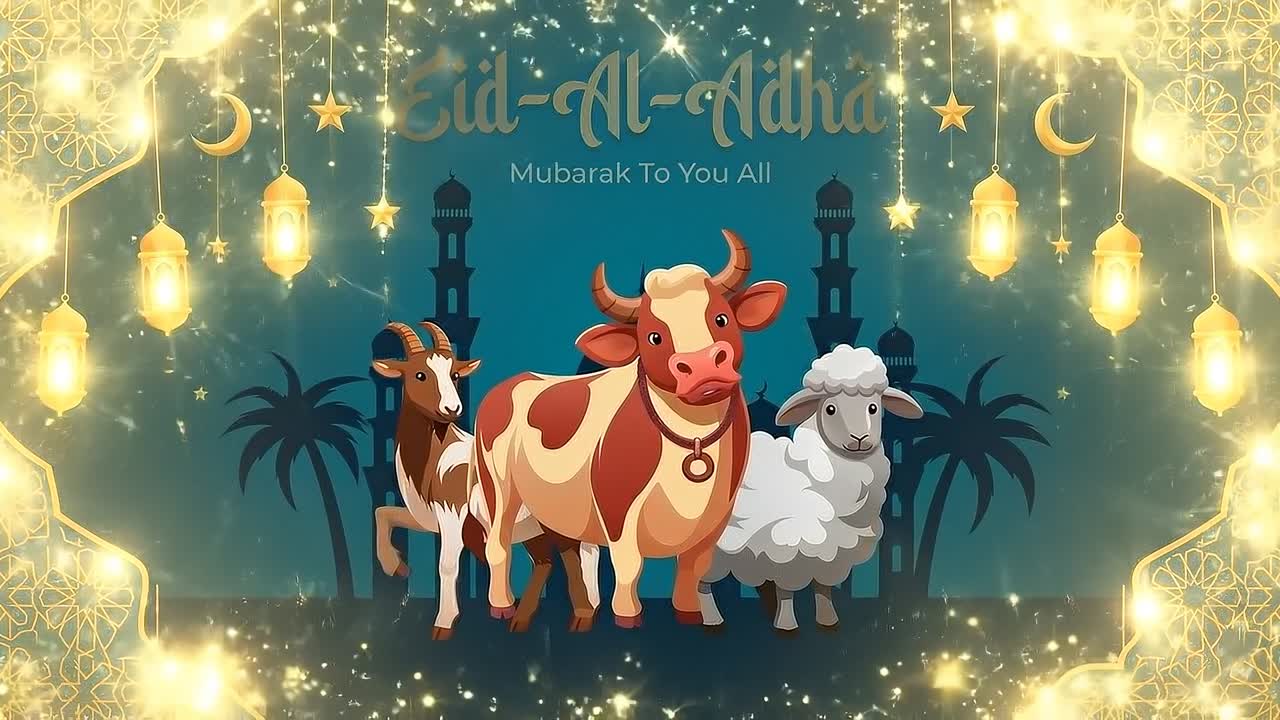 Animazione banner Eid Al Adha con mucca, pecora, moschea, lanterne e un'elegante cornice islamica.