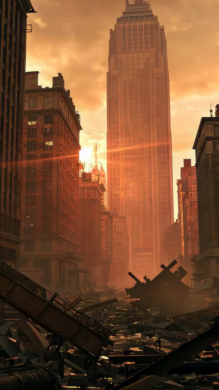 Vertical video: Camera descent emphasizing destruction of ruined avenue metal beams skyscraper glow