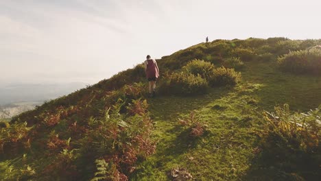 tourist with backpack walking up on hill