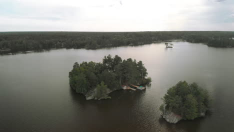 drone shot of a small private island with a cottage