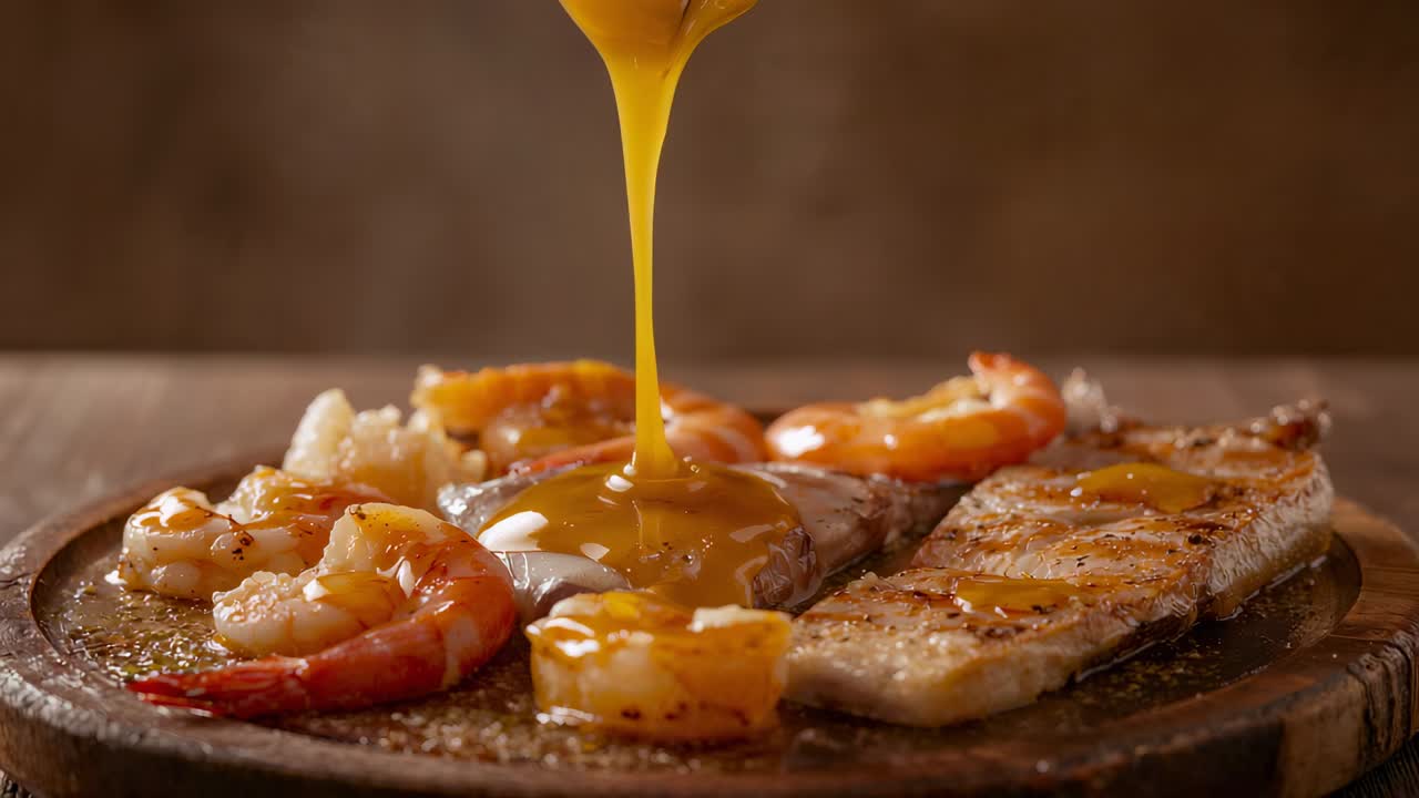 Pouring golden sauce stream coating medallion on round pan on wooden board, glazing prawns fillet
