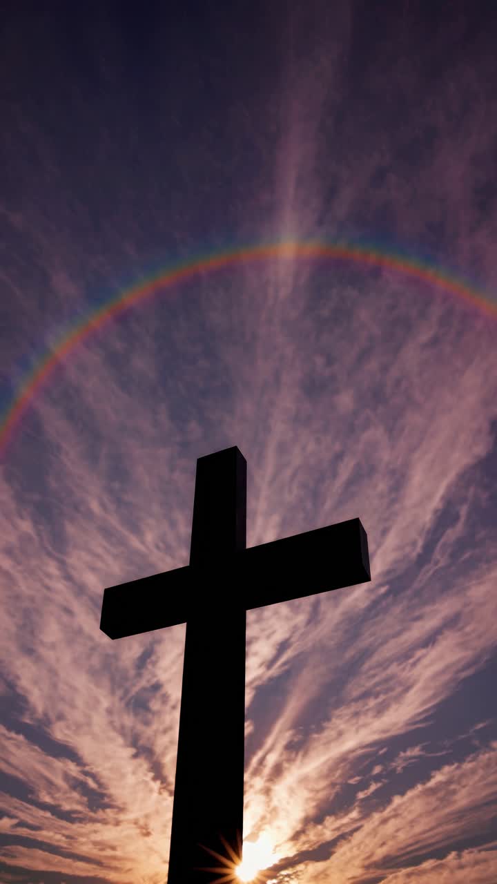 Silhouette of a cross against a dramatic sky with a rainbow, captured from a low angle