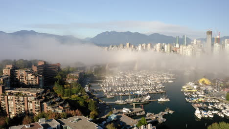 aerial rise over false creek in scenic vancouver, british columbia