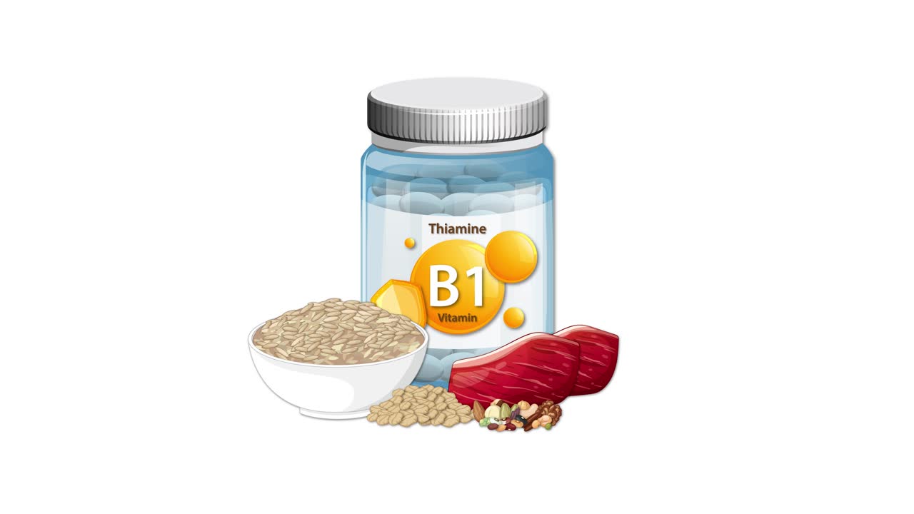Vitamin B1 supplement bottle, oats, and meat ingredients appear and arrange smoothly on white background